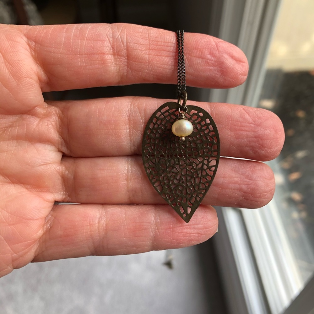 Brass leaf and pearl necklace.